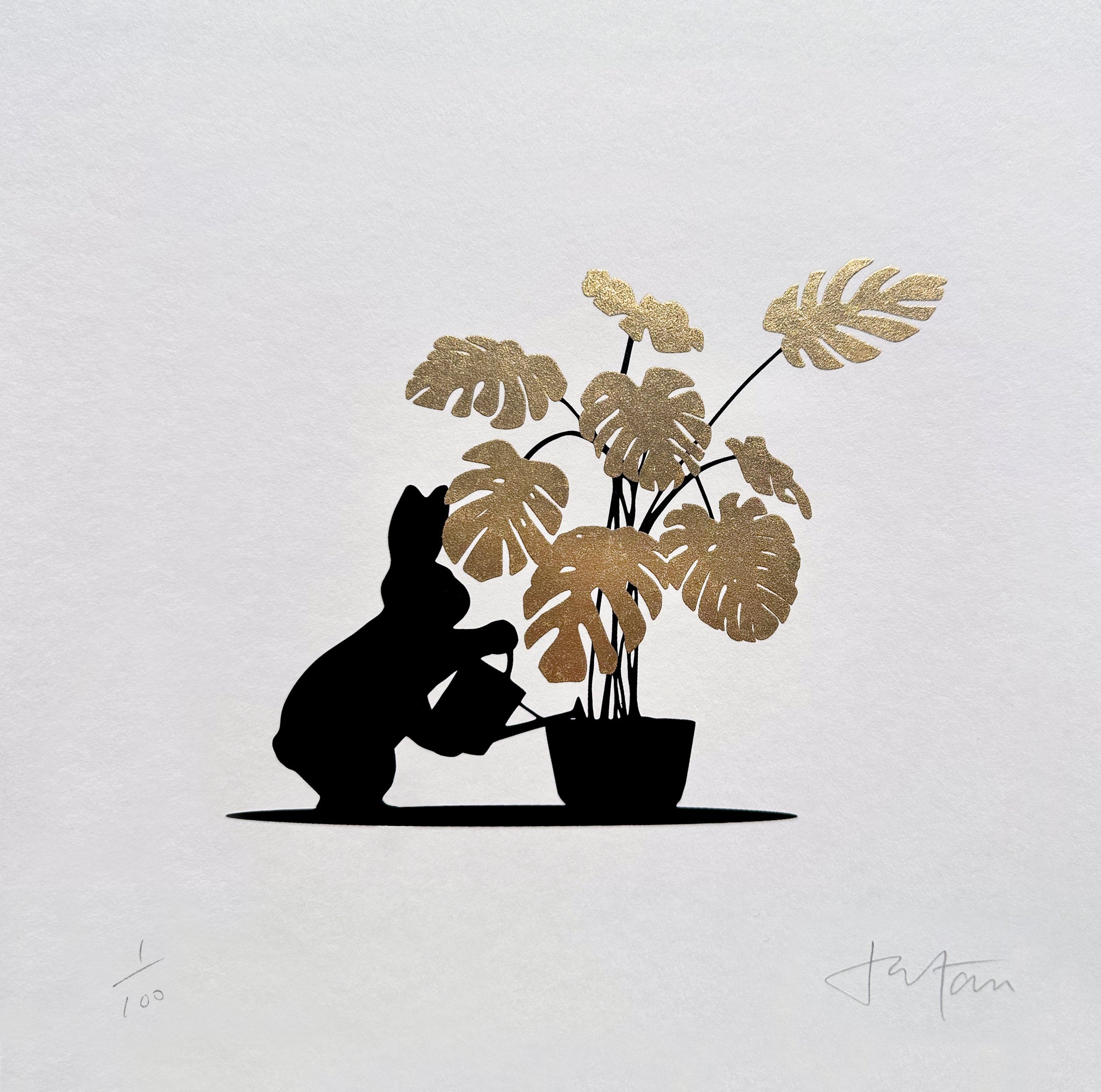 24ct Gold Watering Rabbit Print